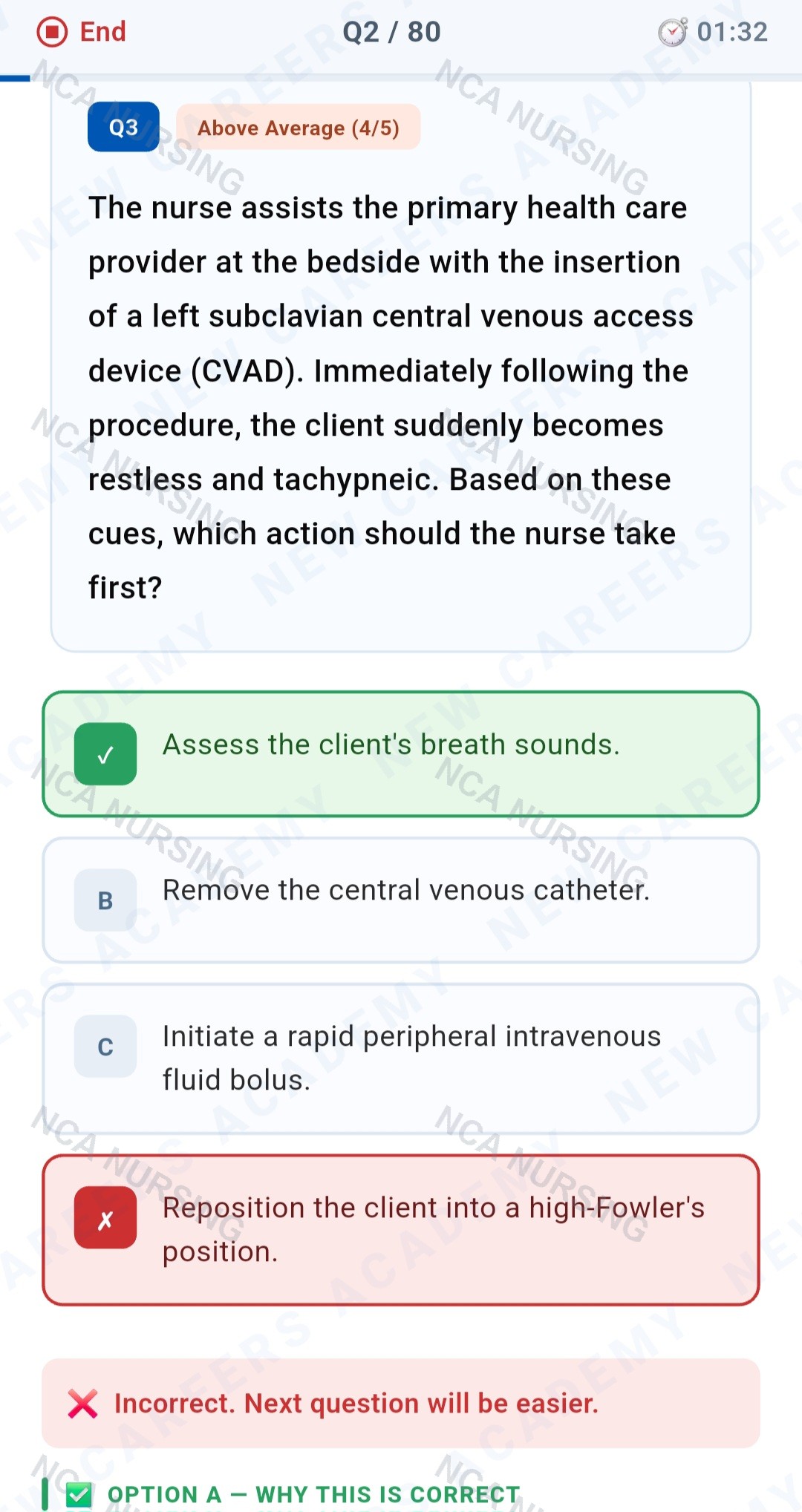 Instant rationale screen explaining correct and incorrect NCLEX answers